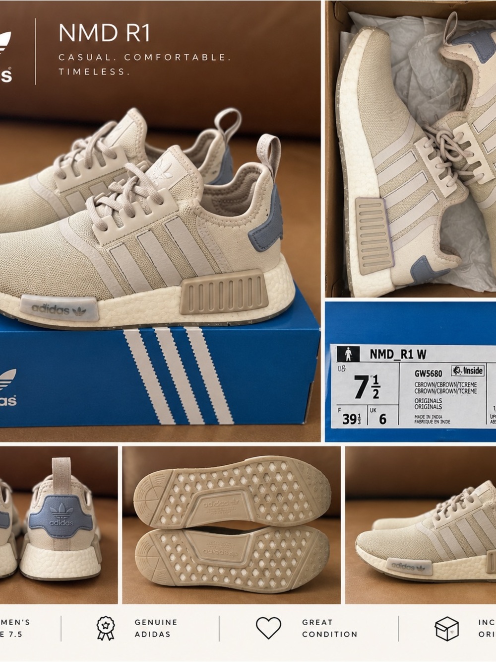 adidas Kids NMD_R1 Cream Sneakers with Blue Heel Tab